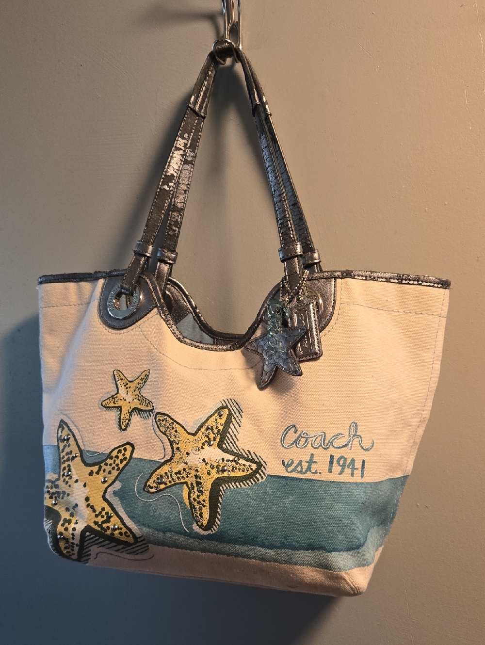 Coach Canvas Starfish Tote in Cream, Blue & Yellow - Picture 2 of 11